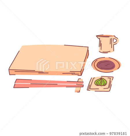 Set for serving rolls, sushi, Japanese food with a wooden dish, chopsticks and sauce. Set for serving rolls, sushi, Japanese food with a wooden dish, chopsticks and sauce. 97839181
