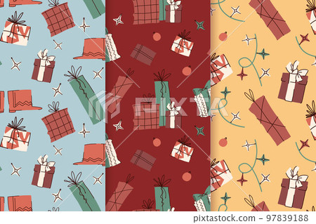 Set of holiday patterns with gifts, Christmas toys and garlands in Christmas colors. Red, blue. 97839188