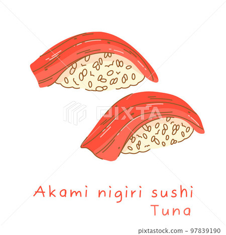 Illustration of akami nigiri tuna sushi with side and three quarter flat style. 97839190