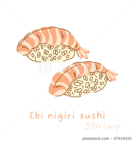 Portion of ebi sushi nigiri with shrimp flat style. Sushi on the side and in three quarters. Portion of ebi sushi nigiri with shrimp flat style. Sushi on the side and in three quarters. 97839205