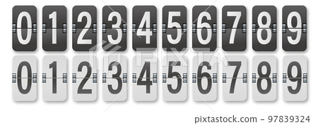 Countdown timer with different numbers isolated on background. Clock counter art design. Graphic mechanical scoreboard panel element 97839324
