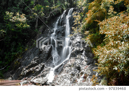 A small waterfall that occurs naturally on the foothills of a low hill in Thailand. 97839468