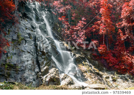 A small waterfall that occurs naturally on the foothills of a low hill in Thailand. A small waterfall that occurs naturally on the foothills of a low hill in Thailand. 97839469