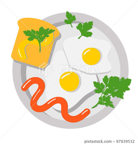 Breakfast fried eggs and toast garnished with parsley Breakfast fried eggs and toast garnished with parsley 97839532