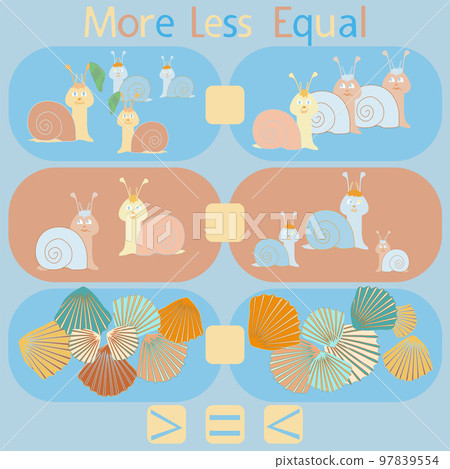 count the snails and shells in the picture and put a sign greater than, less than or equal 97839554