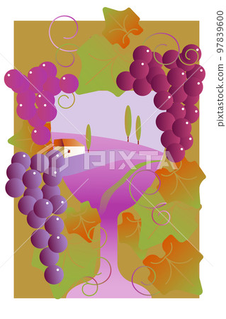 Wine grapes glass vector illustration logo. Postcard harvest festival Wine grapes glass vector illustration logo. Postcard harvest festival 97839600