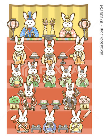 Rabbit hina dolls (male dolls, female dolls, three court ladies, five musicians, Zuishin, Shicho) 5 steps hand-drawn illustration 97839754