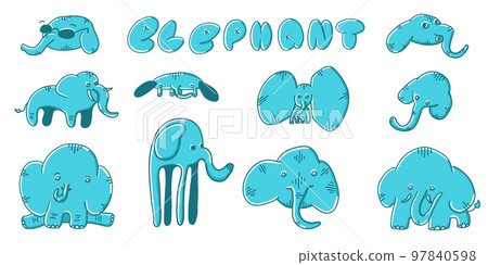 Elephants set in different situations. Vector illustration in cartoon flat style isolated on white background. 97840598