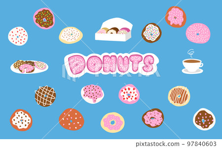 Donuts set in cartoon style. Vector illustration isolated on blue background. Donuts set in cartoon style. Vector illustration isolated on blue background. 97840603