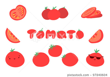 Tomatoes set in cartoon flat style. Healthy natural vegetables food. Vector illustration isolated on white background. 97840604