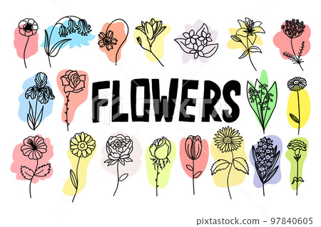 Flowers with colorful brush set in flat doodle cartoon style. Vector illustration set on white background. Flowers with colorful brush set in flat doodle cartoon style. Vector illustration set on white background. 97840605