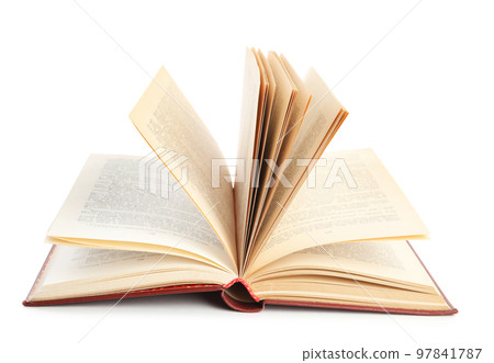 Open book with hard cover isolated on white 97841787