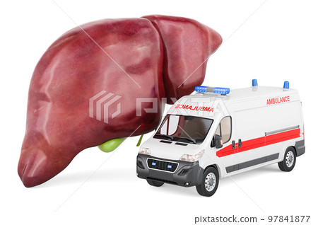 Human liver with ambulance van. 3D rendering Human liver with ambulance van. 3D rendering 97841877