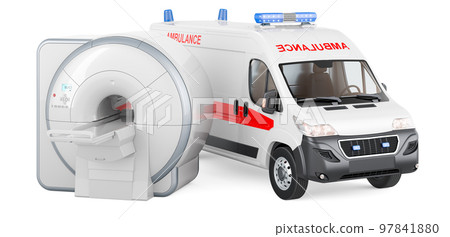 Magnetic Resonance Imaging Scanner MRI with ambulance van. 3D rendering Magnetic Resonance Imaging Scanner MRI with ambulance van. 3D rendering 97841880