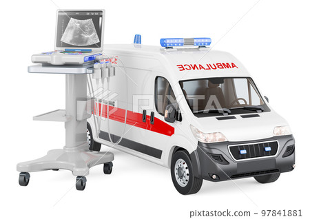 Medical Ultrasound Diagnostic Machine with ambulance van, 3D rendering Medical Ultrasound Diagnostic Machine with ambulance van, 3D rendering 97841881