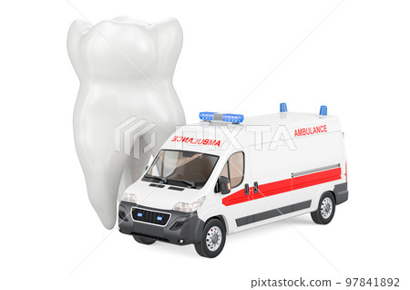 Tooth with ambulance van. 3D rendering 97841892
