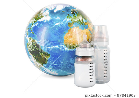 Baby bottles with Earth Globe, 3D rendering 97841902