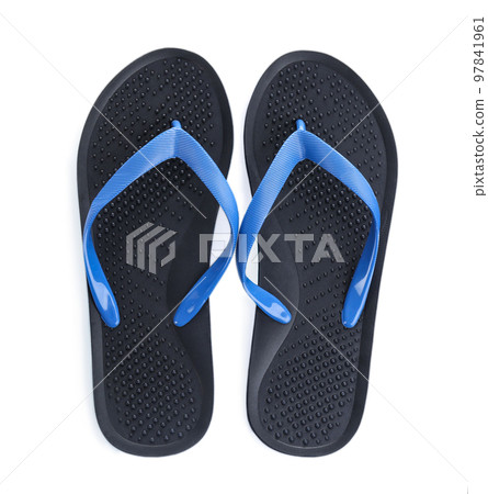 Stylish black flip flops isolated on white, top view Stylish black flip flops isolated on white, top view 97841961