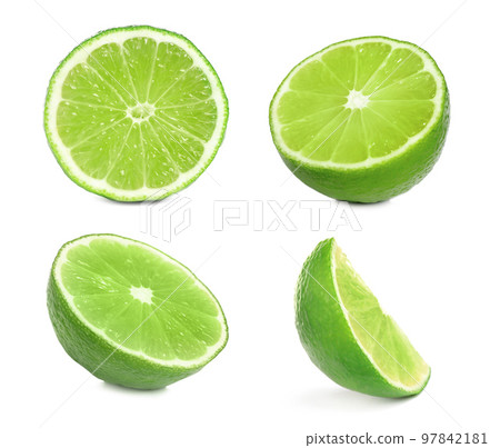 Set of juicy ripe limes on white background Set of juicy ripe limes on white background 97842181