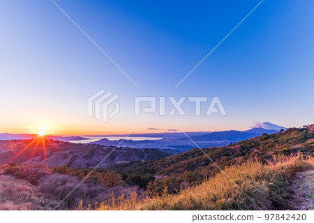(Shizuoka Prefecture) Cityscape of eastern Shizuoka seen from Izu Skyline and Mt. Fuji at sunset (Shizuoka Prefecture) Cityscape of eastern Shizuoka seen from Izu Skyline and Mt. Fuji at sunset 97842420