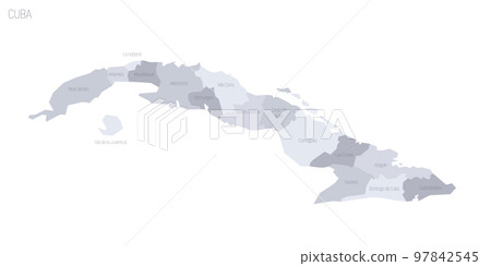 Cuba political map of administrative divisions - provinces. Grey vector map with labels. Cuba political map of administrative divisions - provinces. Grey vector map with labels. 97842545