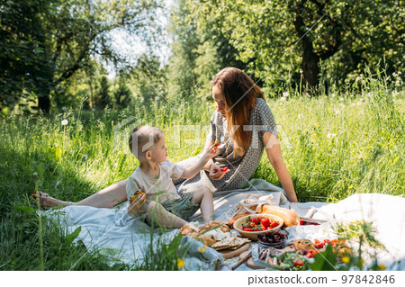 Family mom and son on picnic. Smiling and enjoying summer on blanket in park. 97842846