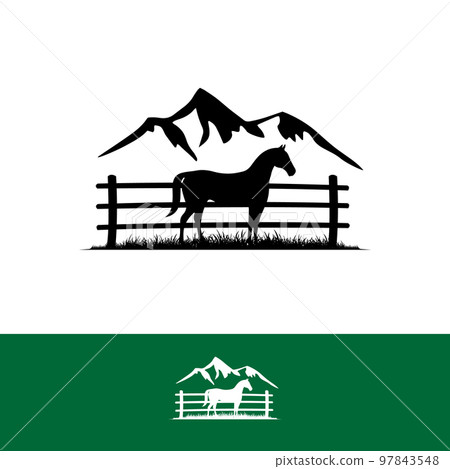 simple line horse Logo design in the cage and mountain silhoutte background sign symbol Vector illustration 97843548