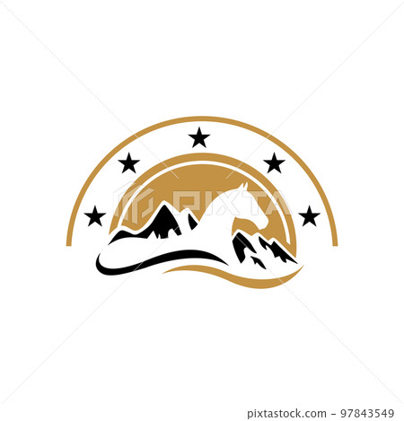 simple line horse Logo design in the cage and mountain silhoutte background sign symbol Vector illustration 97843549