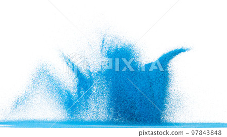 Small size blue Sand flying explosion, Ocean sands grain wave explode. Abstract cloud fly. Blue colored sand splash throwing in Air. White background Isolated high speed shutter, throwing freeze stop Small size blue Sand flying explosion, Ocean sands grain wave explode. Abstract cloud fly. Blue colored sand splash throwing in Air. White background Isolated high speed shutter, throwing freeze stop 97843848