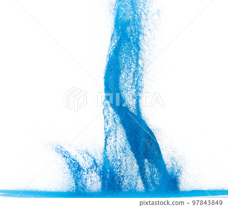 Small size blue Sand flying explosion, Ocean sands grain wave explode. Abstract cloud fly. Blue colored sand splash throwing in Air. White background Isolated high speed shutter, throwing freeze stop Small size blue Sand flying explosion, Ocean sands grain wave explode. Abstract cloud fly. Blue colored sand splash throwing in Air. White background Isolated high speed shutter, throwing freeze stop 97843849