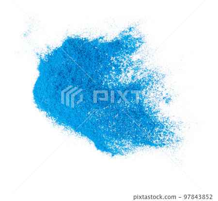 Small size blue Sand flying explosion, Ocean sands grain wave explode. Abstract cloud fly. Blue colored sand splash throwing in Air. White background Isolated high speed shutter, throwing freeze stop Small size blue Sand flying explosion, Ocean sands grain wave explode. Abstract cloud fly. Blue colored sand splash throwing in Air. White background Isolated high speed shutter, throwing freeze stop 97843852