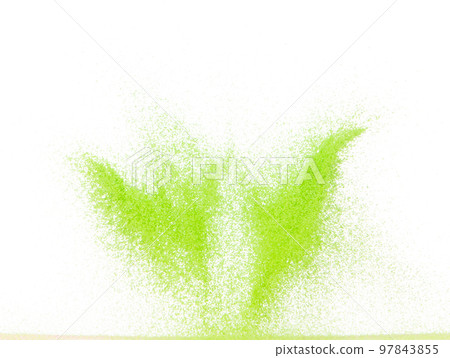 Small size green Sand flying explosion, vegetable sands grain wave explode. Abstract cloud fly. Green colored sand splash throwing in Air. White background Isolated high speed shutter, throwing freeze 97843855