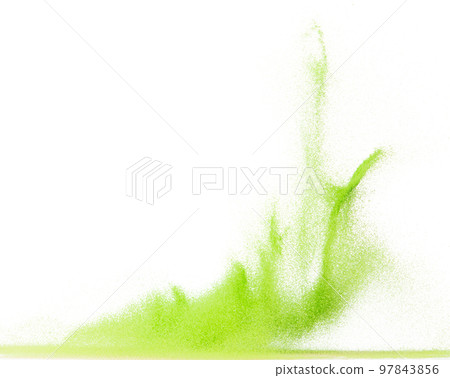 Small size green Sand flying explosion, vegetable sands grain wave explode. Abstract cloud fly. Green colored sand splash throwing in Air. White background Isolated high speed shutter, throwing freeze 97843856