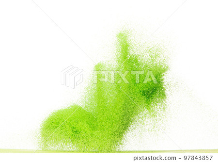 Small size green Sand flying explosion, vegetable sands grain wave explode. Abstract cloud fly. Green colored sand splash throwing in Air. White background Isolated high speed shutter, throwing freeze 97843857