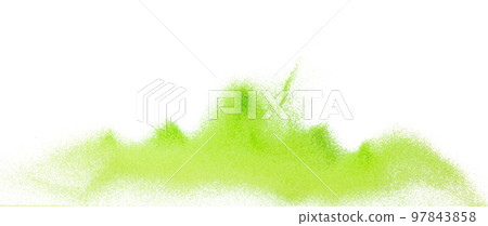 Small size green Sand flying explosion, vegetable sands grain wave explode. Abstract cloud fly. Green colored sand splash throwing in Air. White background Isolated high speed shutter, throwing freeze Small size green Sand flying explosion, vegetable sands grain wave explode. Abstract cloud fly. Green colored sand splash throwing in Air. White background Isolated high speed shutter, throwing freeze 97843858