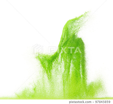 Small size green Sand flying explosion, vegetable sands grain wave explode. Abstract cloud fly. Green colored sand splash throwing in Air. White background Isolated high speed shutter, throwing freeze 97843859