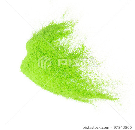 Small size green Sand flying explosion, vegetable sands grain wave explode. Abstract cloud fly. Green colored sand splash throwing in Air. White background Isolated high speed shutter, throwing freeze 97843860