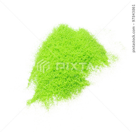 Small size green Sand flying explosion, vegetable sands grain wave explode. Abstract cloud fly. Green colored sand splash throwing in Air. White background Isolated high speed shutter, throwing freeze 97843861