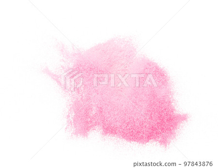 Small size pink Sand flying explosion, sweet sands grain wave explode. Abstract cloud fly. Pink colored sand splash throwing in Air. White background Isolated high speed shutter, throwing freeze stop Small size pink Sand flying explosion, sweet sands grain wave explode. Abstract cloud fly. Pink colored sand splash throwing in Air. White background Isolated high speed shutter, throwing freeze stop 97843876