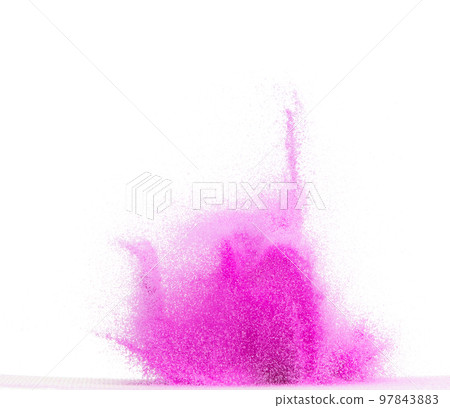 Small size purple Sand flying explosion, violet sands grain wave explode. Abstract cloud fly. purple colored sand splash throwing in Air. White background Isolated high speed shutter, throwing freeze 97843883