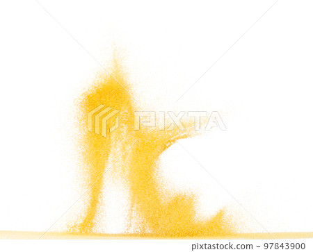 Small size yellow Sand flying explosion, gold cheese sands grain wave explode. Abstract cloud fly. Yellow colored sand splash throwing in Air. White background Isolated high speed shutter, throwing 97843900