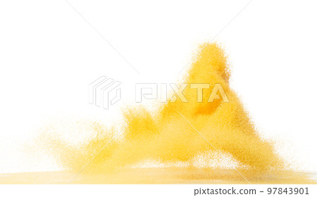 Small size yellow Sand flying explosion, gold cheese sands grain wave explode. Abstract cloud fly. Yellow colored sand splash throwing in Air. White background Isolated high speed shutter, throwing Small size yellow Sand flying explosion, gold cheese sands grain wave explode. Abstract cloud fly. Yellow colored sand splash throwing in Air. White background Isolated high speed shutter, throwing 97843901