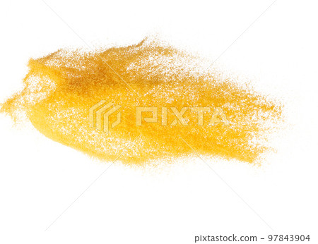 Small size yellow Sand flying explosion, gold cheese sands grain wave explode. Abstract cloud fly. Yellow colored sand splash throwing in Air. White background Isolated high speed shutter, throwing 97843904