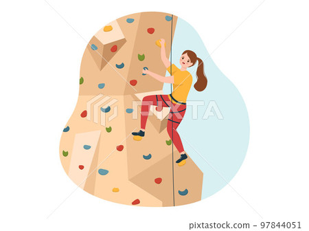 Cliff Climbing Illustration with Climber Climb Rock Wall or Mountain Cliffs and Extreme Activity Sport in Flat Cartoon Hand Drawn Template 97844051