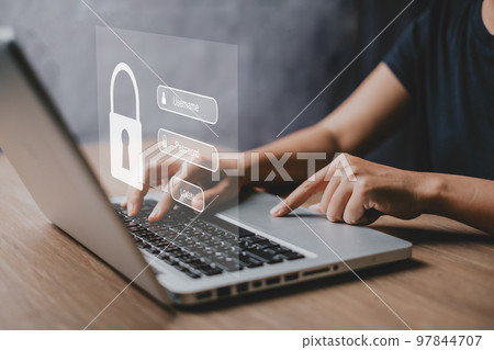 Woman hand typing on keyboard with login and password on screen display, cyber security concept, data protection and secured internet access. Woman hand typing on keyboard with login and password on screen display, cyber security concept, data protection and secured internet access. 97844707