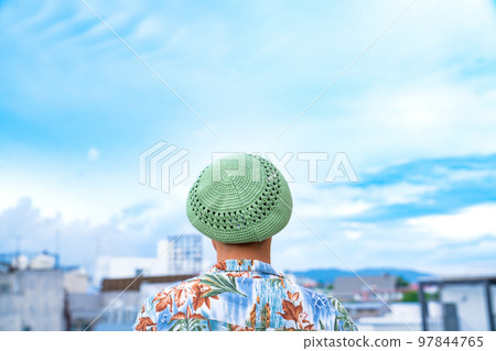 Street fashion men and the sky fashion back view skateboard sports hip hop dream future 97844765