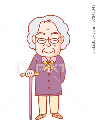 A white-haired woman in her 80s with a cane. She looks strict, but she is actually a kind old lady. 97845342