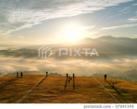 Aerial view of the sea of clouds and the Kirishima mountain range from the Uono flight area in Yusui Town 97845348