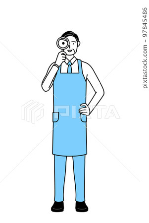 佩帶圍裙的老人通過放大鏡看 97845486