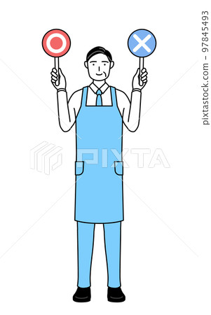 A senior man wearing an apron with a stick showing correct and incorrect answers A senior man wearing an apron with a stick showing correct and incorrect answers 97845493